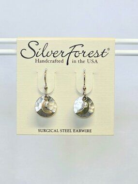 Silver Forest Crescent Moon on Hammered Disc Mixed Metal Drop Earrings